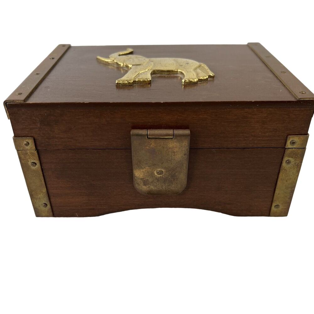 Dynasty Hinged‎ Wood Trinket Box Brass Elephant 90s Deco Maximalist